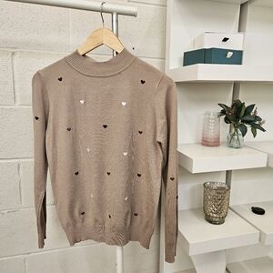 Embriodered Heart Fine Knit Mock Neck sweater